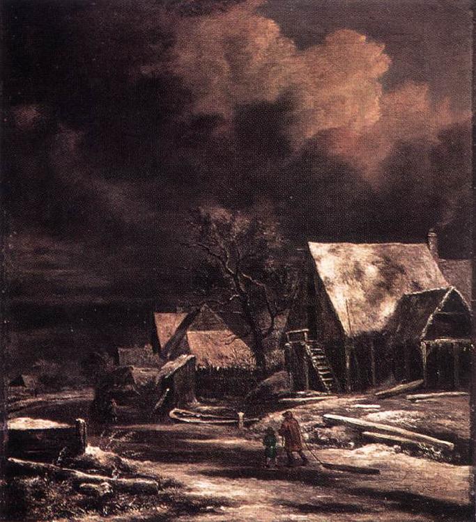 Jacob van Ruisdael Village at Winter at Moonlight Sweden oil painting art